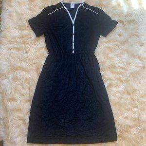 70s 80s Black and White trim Velvet button down babydoll dress elastic waist